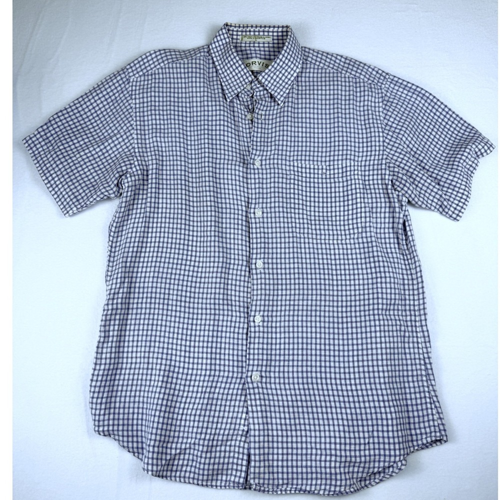 Orvis Mens Blue White Gingham Linen Cotton Short Sleeve Button Down Shirt Large